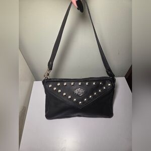 Vintage Harley Davidson Black Leather Shoulder Bag Purse USA Made Logo Studded